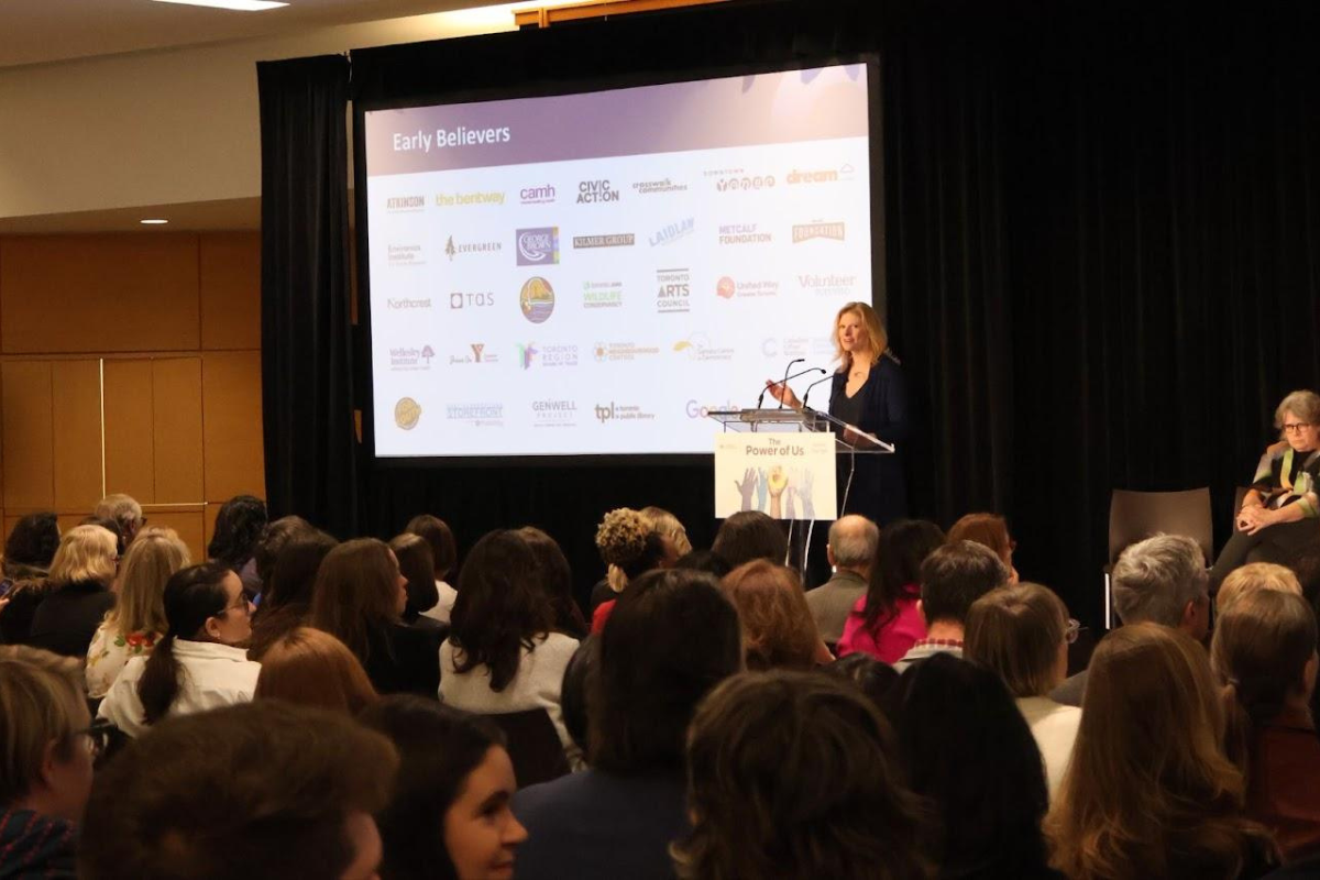 Toronto Foundation CEO Sharon Avery addresses hundreds of people at an event hosted by the foundation on Nov. 15 at the Toronto Public Library.