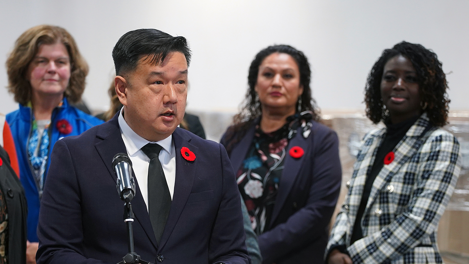CanadaHelps President/CEO Duke Chang speaks to ‘wildfires’ in Canada’s non-profit sector at a press conference in Etobicoke.