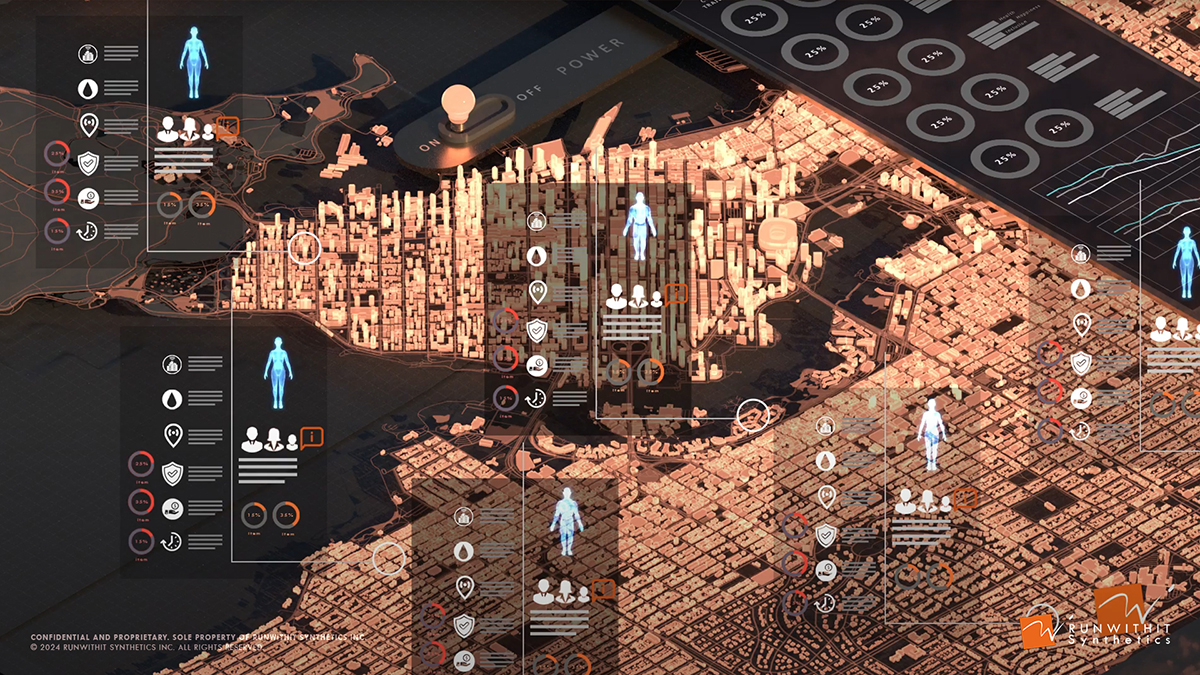 Digitized city map with humanoid figures superimposed on technology numbers.