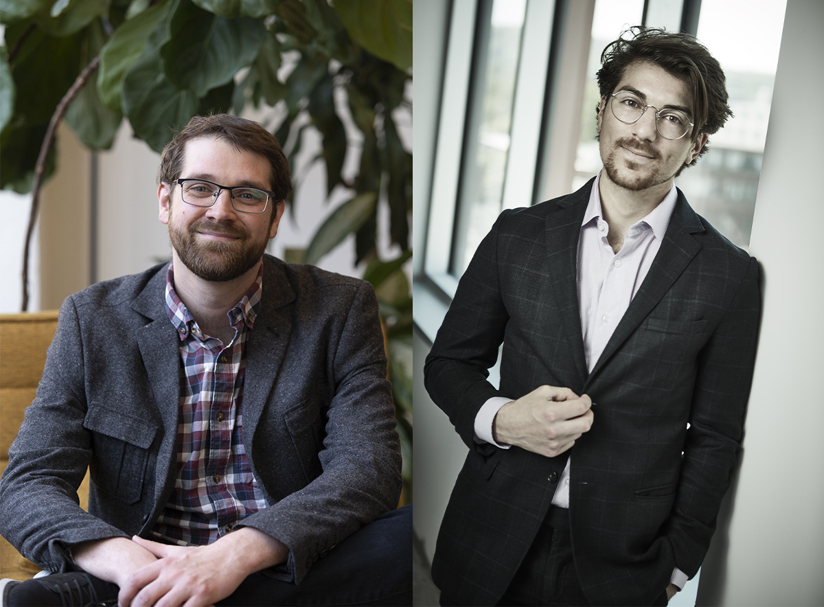 Two men in side-by-side images wearing dark-coloured sports jackets.