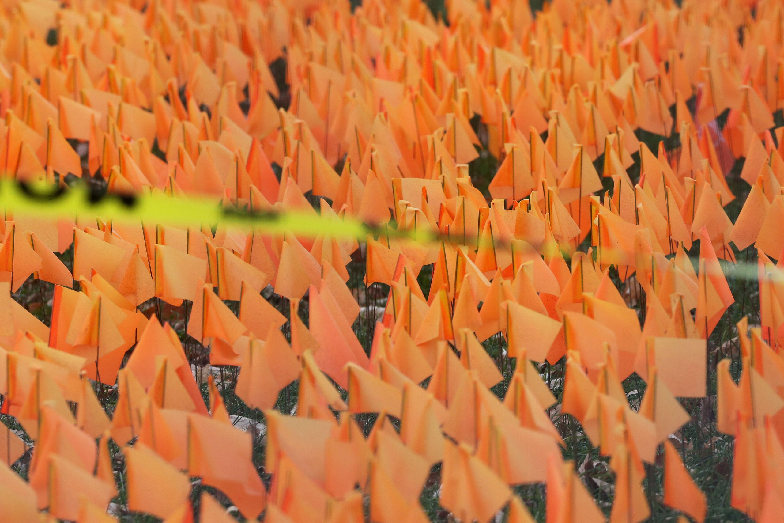 Thousands of orange flags represent the unmarked graves of Indigenous children who died while being forced to attend residential school by the Canadian government in front of the Manitoba Legislative Building on November 10, 2022.