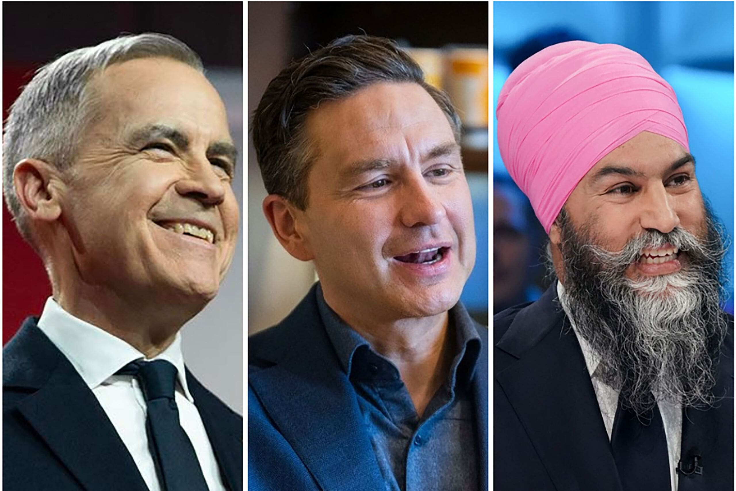Liberal leader Mark Carney, Conservative Leader Pierre Poilievre, NDP leader Jagmeet Singh. (Illustration by Elisha Dacey/Facebook)