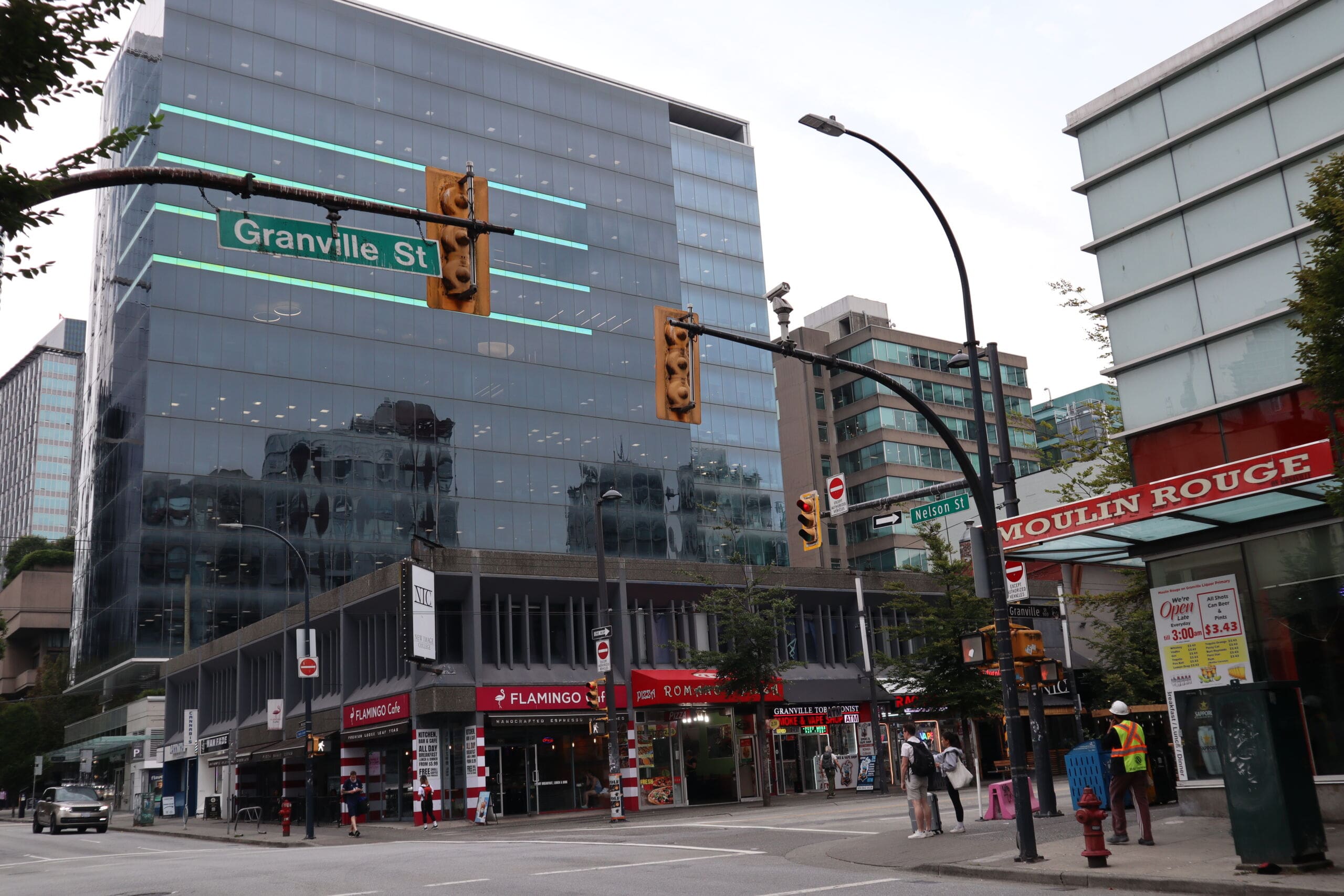 The intersection of Granville Street and Nelson Street in downtown Vancouver.