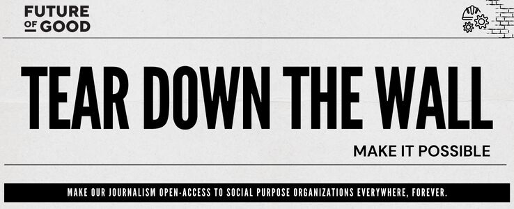 A graphic for Tear Down the Wall, showing a newspaper-style headline and information on how to donate. 