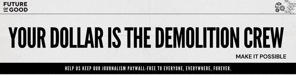 A graphic for Tear Down the Wall, showing a newspaper-style headline and information on how to donate. 