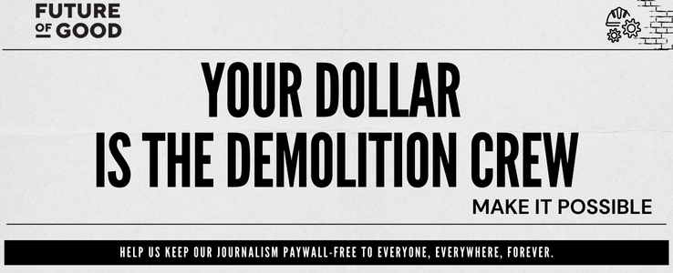 A graphic for Tear Down the Wall, showing a newspaper-style headline and information on how to donate. 