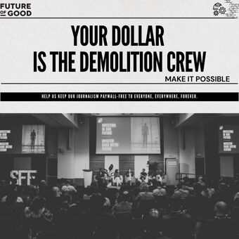 A graphic for Tear Down the Wall, showing a newspaper-style headline and information on how to donate. 