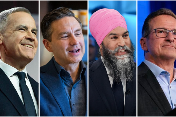 Liberal leader Mark Carney, Conservative Leader Pierre Pollivere, NDP leader Jagmeet Singh and Bloc leader Yves-François Blanchet.