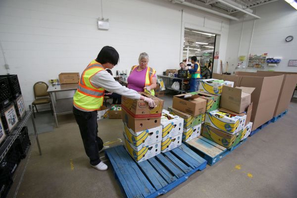 Volunteers sort donations at Harvest Manitoba, which distrubutes food to more than 380 community organizations including foodbanks, in Winnipeg on May 29, 2025. Photo: Shannon VanRaes