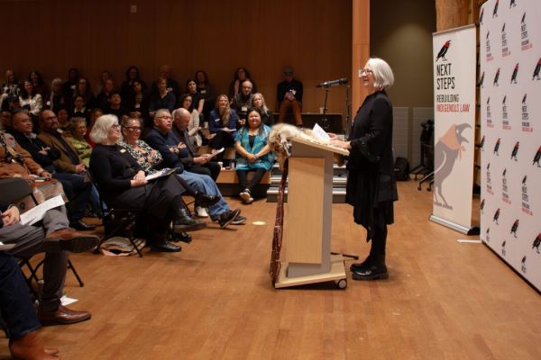 UVic law professor and Next Steps academic lead Val Napoleon addresses the crowd during the research initiative launch event. (UVic/Supplied)