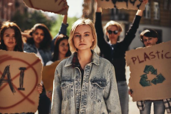 Climate strike. Young woman in casual wear protesting with group of activists outdoors on road. Ecology concept. Demonstration. Active youth