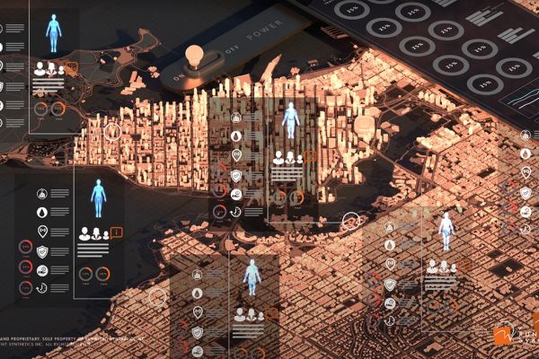 Digitized city map with humanoid figures superimposed on technology numbers.