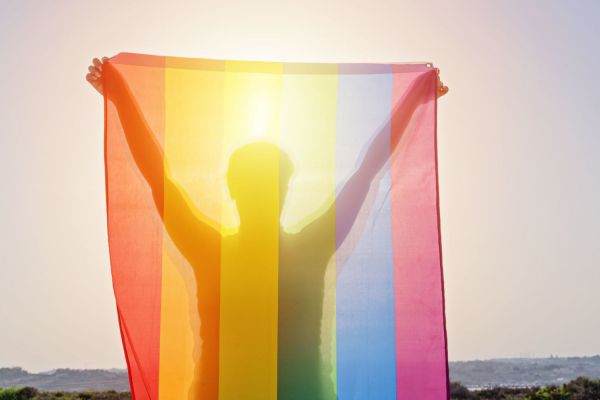 Young woman holding raised hands waving LGBT rainbow flag against sky. Happiness, freedom and love concept for same sex couples